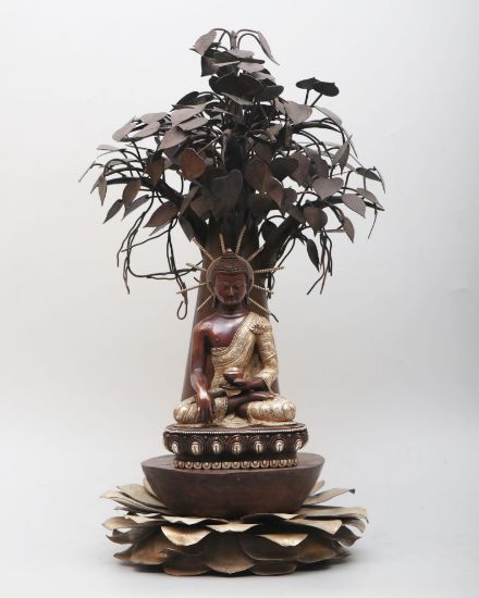 Picture of Shakyamuni Buddha | Buddha Statue with Bodhibrishya | Gautam Buddha with Bodhi Tree | Silver Plated | Copper Oxidized