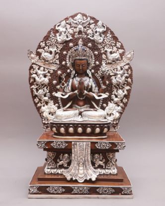 Picture of Singhasan Khadcheri Statue | Chenrezig | Copper Oxidized | Silver Plated