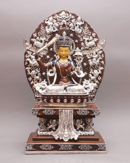 Picture of Singhasan Manjushree| Manjushree Statue | Copper Oxidized | Silver Plated