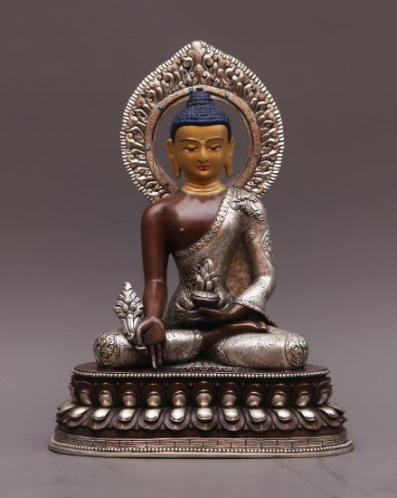 Picture of  Bhaisarjya Guru Statue | Medicine Buddha | Copper  Oxidized | Silver Plated